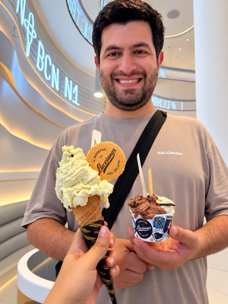 Pistachio and chocolate gelato at Lucciano's on Rambla de Catalunya, a block from our hotel, El Avenida Palace.